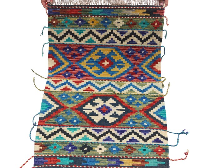 2 X 3 ft Handmade Geometrical Killim Rug, Muilty, Wool
