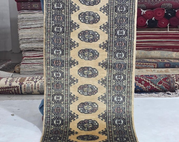 2 X 6 ft Beige Geometrical Handmade Runner, Mori Bokhara Cotton and Wool