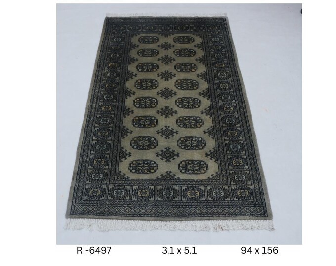 Hand-knotted Mohri Bokhara Cotton and Wool Rug Geomatrical in Gray and Gray border, 3.1 x 5.1 ft