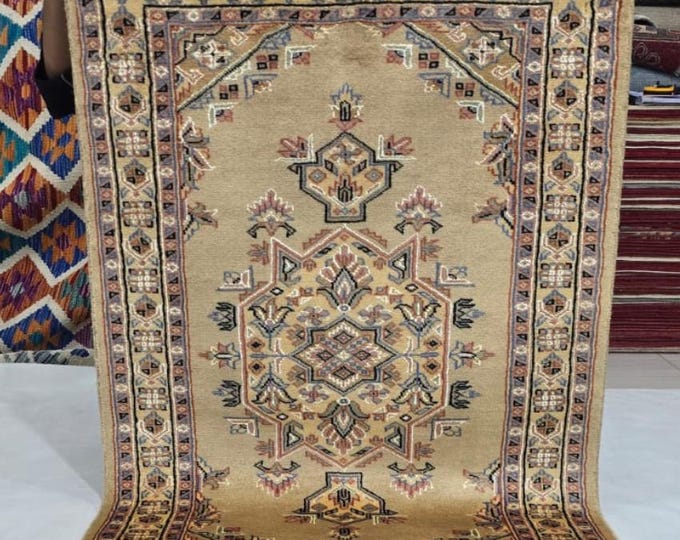 3 X 4 ft Brown Geometrical Handmade, Tribal Rug Cotton, Wool and Silk touch