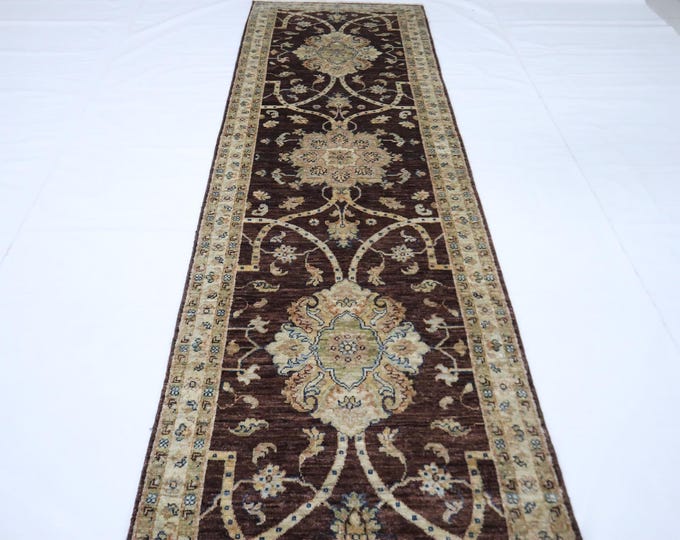 9 Ft Chobi Runner Rug, Brown Afghan Hand Knotted Floral Wool Rug