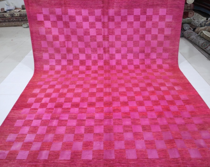 8x10 Pink Gabbeh Rug – Hand-Knotted Afghan Wool Checkboard Design