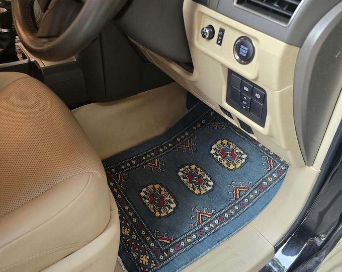 1.5 X 2 ft Geomatric Handmade Car Mats Pair, Blue Wool Car Floor Rugs, Cotton and Wool