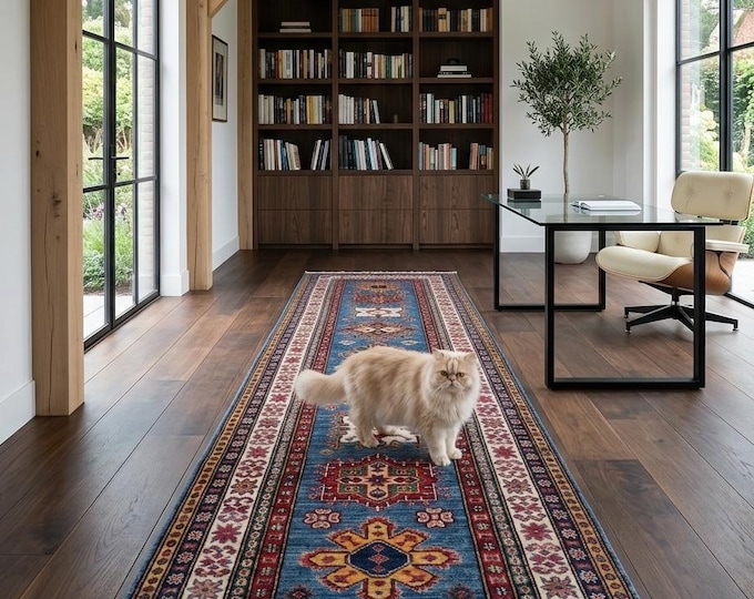 2 X 8 ft Blue and Beige Geomatrical Handmade Runner, Super Kazak Cotton and Wool