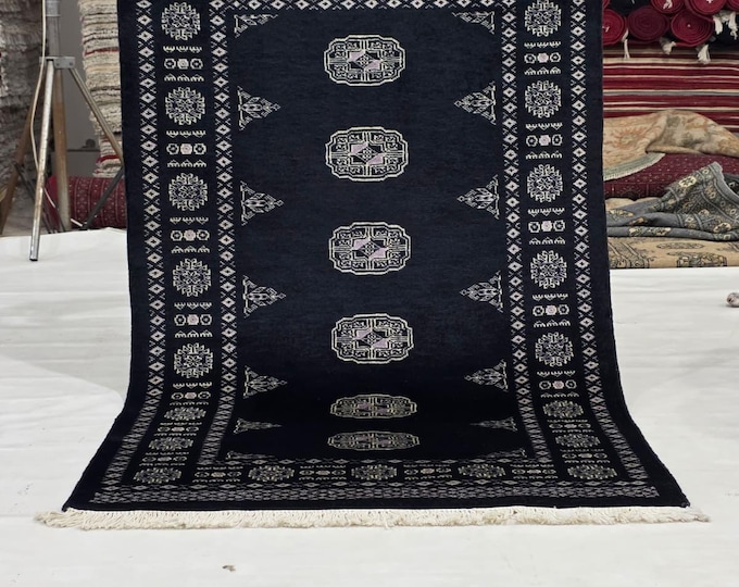 3 X 5 ft Black Geometrical Handmade, Mori Bokhara Cotton and Wool