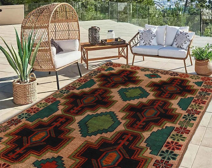 Hand-knotted Baluchi Beige and Rainbow, 3.93 x 6.56 ft