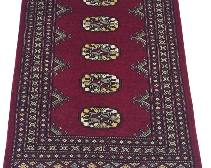 2 X 3 ft Red Geometrical Handmade, Mori Bokhara Cotton and Wool