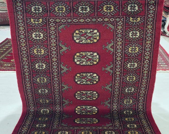 2.5 X 4 ft Red Geometrical Handmade, Mori Bokhara Rug Cotton and Wool
