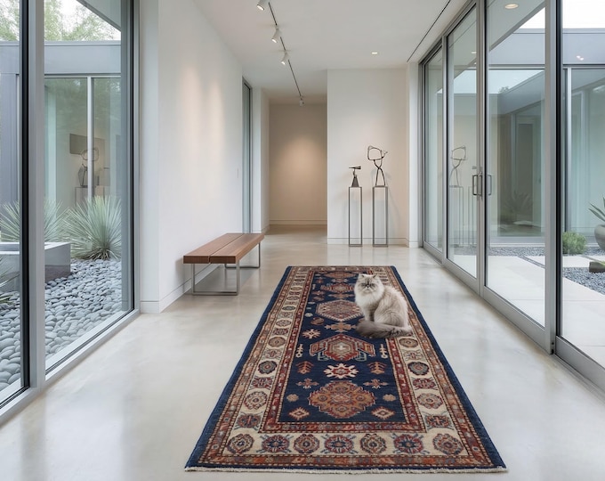 2.2 X 5.1 ft Blue and Beige Geomatrical Handmade Runner, Super Kazak Cotton and Wool