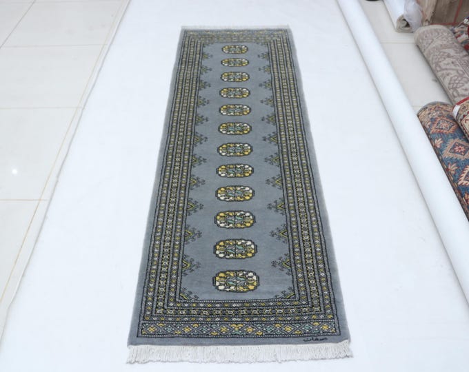 2.1 X 6.4 ft Gray Geomatrical Runner Handmade, Mori Bokhara Cotton and Wool