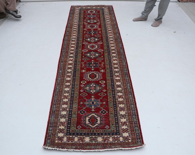 3 X 9 ft Red and Beige Geomatrical Handmade Runner , Super Kazak Cotton and Wool