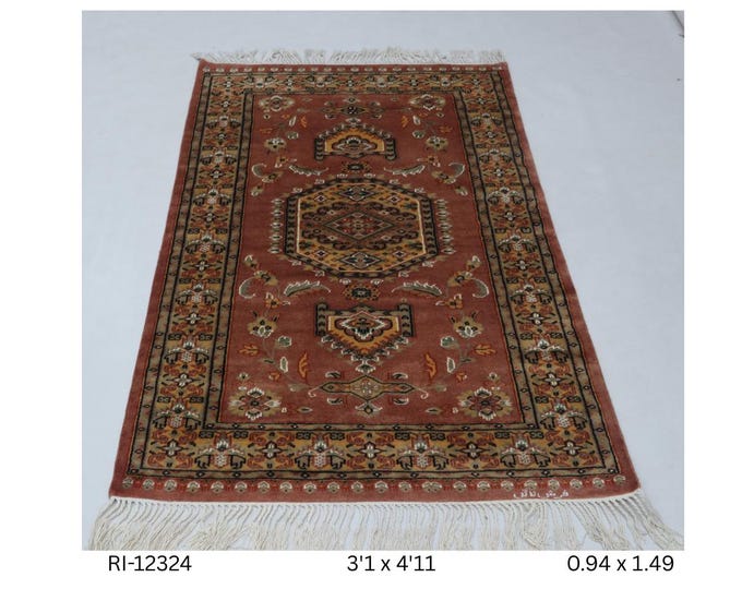 Hand-Knotted Wool and Silk Touch Rug, Copper Geometric Design, 3.1 x 4.11 ft