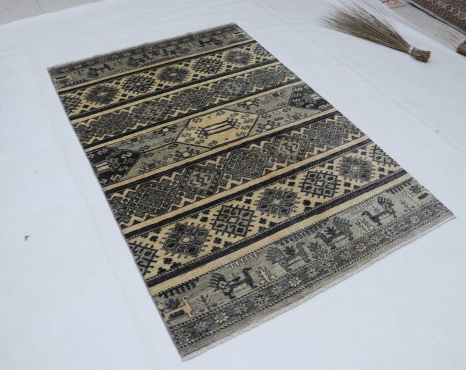 Hand-Knotted Wool Rug, Geometric Gray Kazak, 4.0 x 6.0 ft