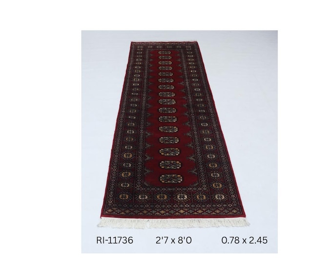Hand-knotted Mohri Bokhara Cotton and Wool Rug, Geomatrical in Red base and Red border, 2.7 x 8.0 ft