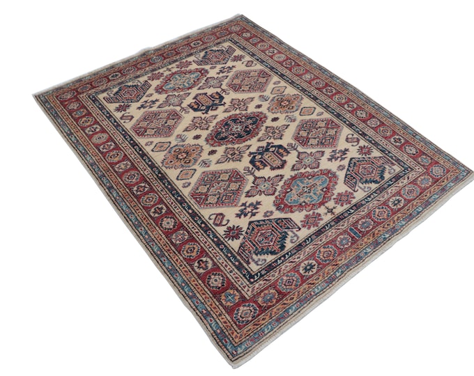 4 X 5 ft Beige and Red Geomatrical Handmade, Super Kazak Cotton and Wool
