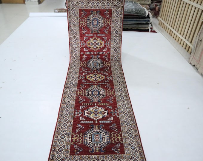 8 Ft Red Kazak Runner Rug, Afghan Hand-Knotted Wool, Geometric Entryway
