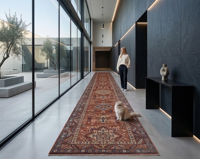 2.4 X 22.5 ft Brown Geomatrical Handmade Runner, Super Kazak Cotton and Wool