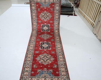 8 Ft Red Kazak Runner Rug, Hand-Knotted Afghan Wool, Geometric Entryway