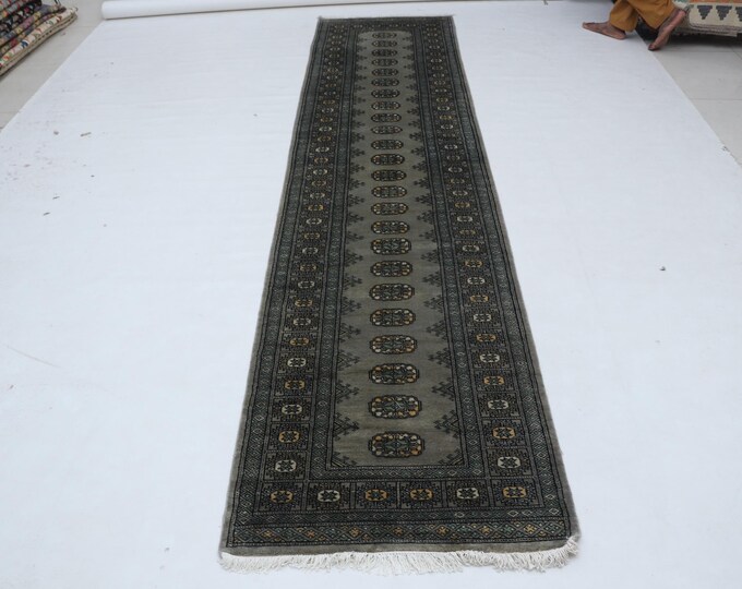 2.7 X 11.2 ft Gray Geomatrical Handmade Runner, Mori Bokhara Cotton and Wool