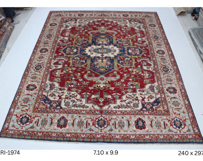 Hand-knotted Wool Rug, Red Geomatrical Design (7.10 x 9.9 ft)