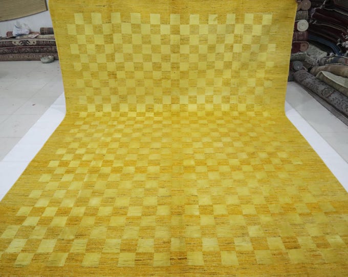 9x12 Gabbeh Wool Rug - Golden Yellow Hand-Knotted Checkered Design