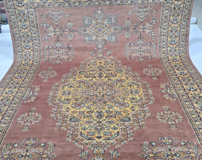 7 X 10 ft Handmade Geometrical Kafkazi Rug, Copper and Yellow, Cotton and Wool and Silk Touch