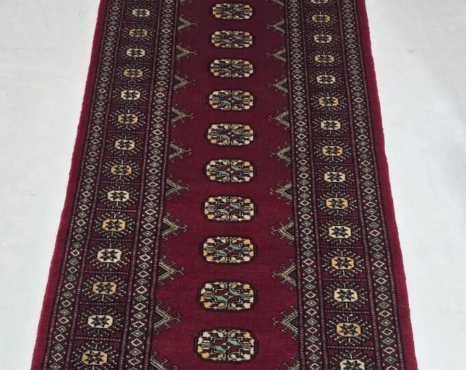 2.5 X 12 ft Red Geometrical Handmade Runner, Mori Bokhara Cotton and Wool
