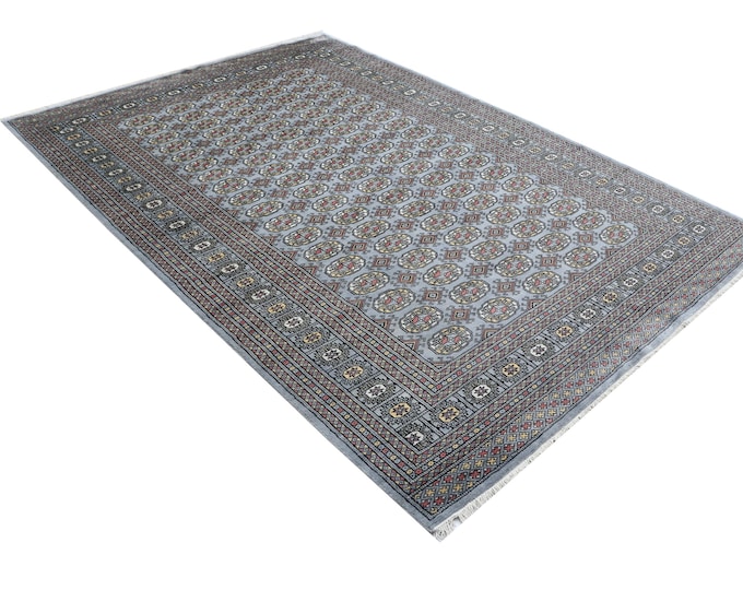 6.1 X 8.9 ft Gray Geomatrical Runner Handmade, Mori Bokhara Cotton and Wool