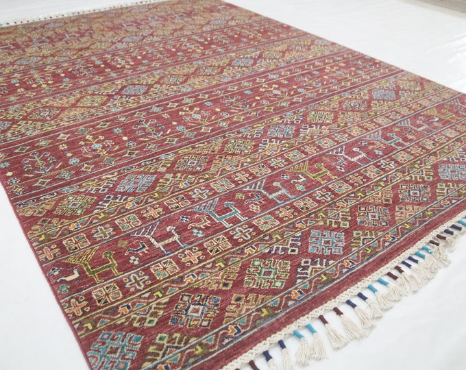 Red Afghan Wool Area Rug – 6x8 Tribal Geometric Animal Design