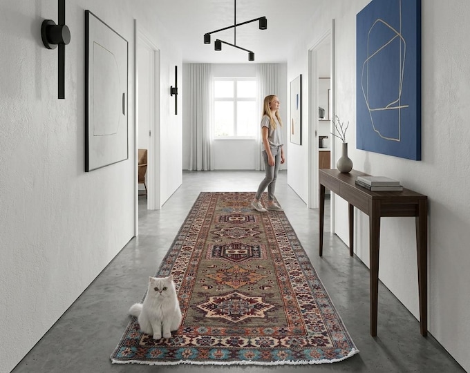 2.8 X 7.10 ft Gray and Beige Geomatrical Handmade Runner, Super Kazak Cotton and Wool