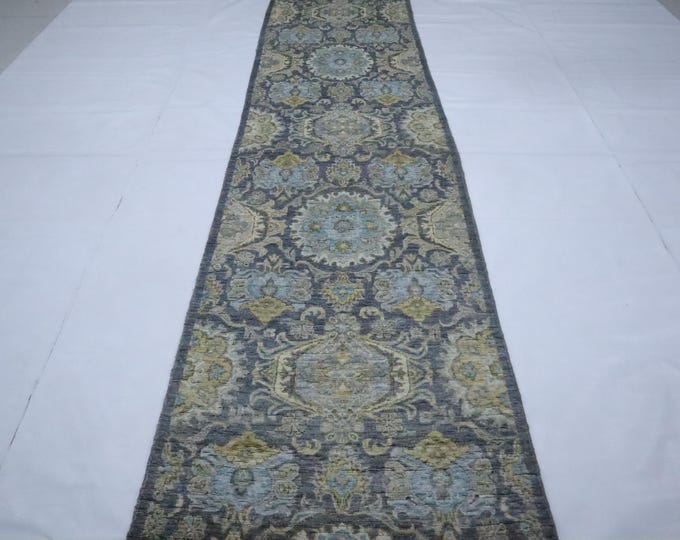 10 Ft Afghan Chobi Runner Rug, Gray Geometric Wool, Hand Knotted