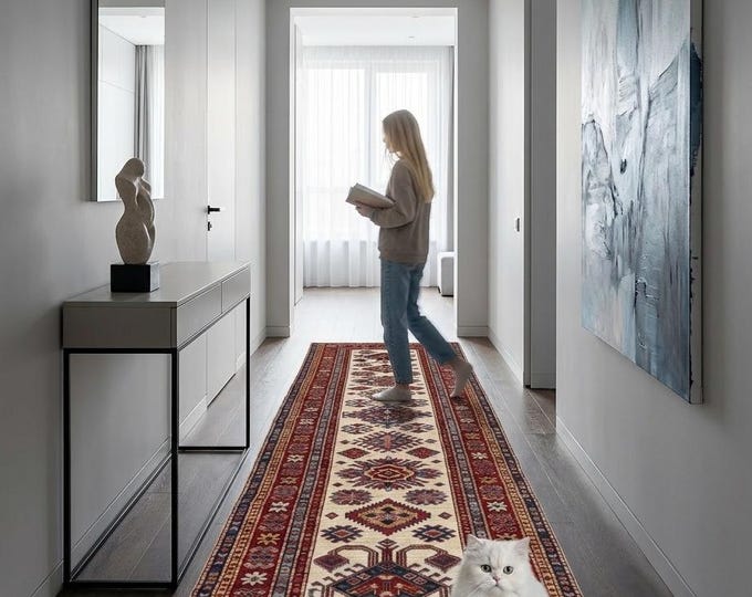 2.8 X 8.1 ft Beige and Red Geomatrical Handmade Runner, Super Kazak Cotton and Wool