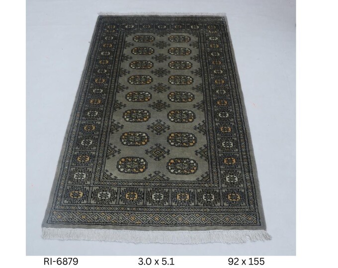 Hand-knotted Mohri Bokhara Cotton and Wool Rug Geomatrical in Gray and Gray border, 3.0 x 5.1 ft