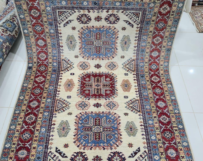 5.5 X 8 ft Handmade Geometrical Super Kazak Rug, Beige and Red, Cotton and Wool