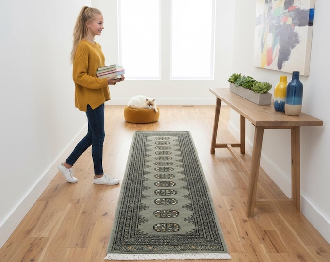 2.2 X 6.1 ft Gray Geomatrical Runner Handmade, Mori Bokhara Cotton and Wool