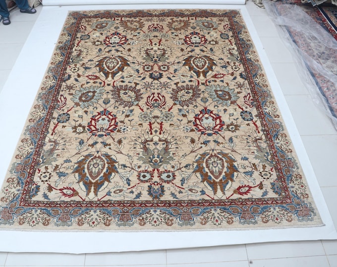 8.8 X 11.8 ft Beige and Beige Floral Handmade ,Heriz Cotton and Wool