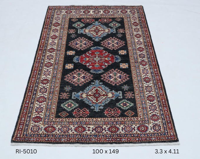 Hand-knotted Super Kazak Cotton and Wool Rug, Geomatrical in Green base and Beige border, 3.3 X 4.11 ft
