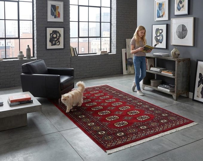 3.1 X 5.0 ft Red Geomatrical Handmade, Mori Bokhara Cotton and Wool