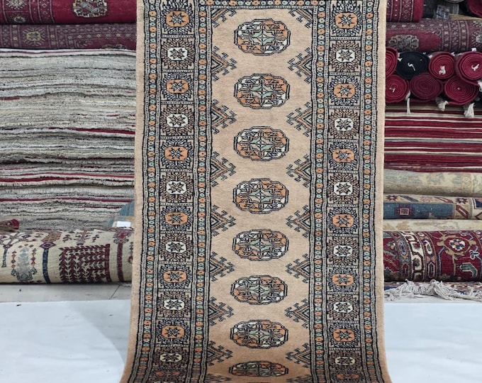 2 X 6 ft Brown Geometrical Handmade Runner, Mori Bokhara Cotton and Wool