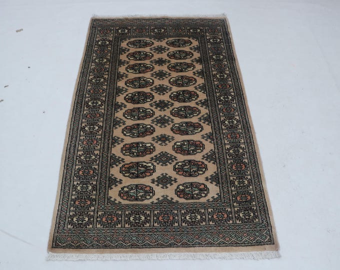 3.2 X 5.3 ft Beige Geomatrical Handmade , Mori Bokhara Cotton and Wool