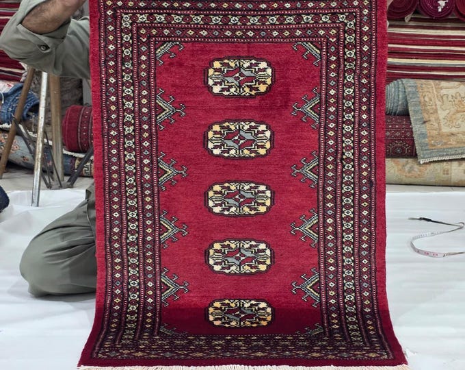 2 X 3 ft Red Geometrical Handmade, Mori Bokhara Cotton and Wool