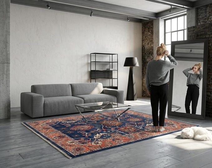 4.9 X 6.5 ft Blue and Copper Floral Handmade ,Heriz Cotton and Wool