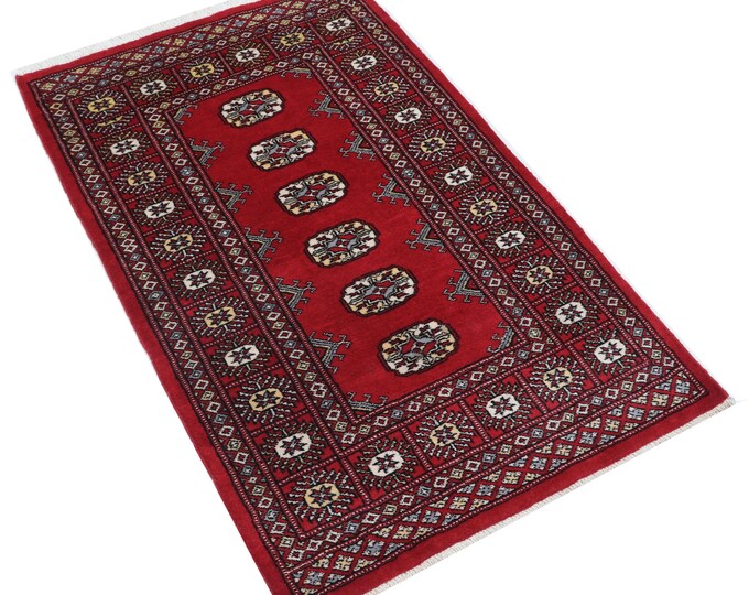 2.7 X 4.2 ft Red Geomatrical Handmade ,Mori Bokhara Cotton and Wool