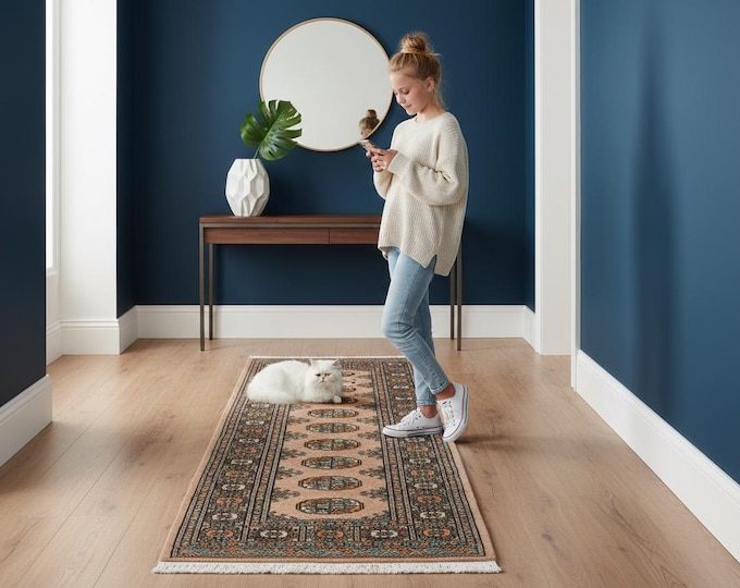 2.1 X 5.11 ft Copper Geomatrical Runner Handmade, Mori Bokhara Cotton and Wool