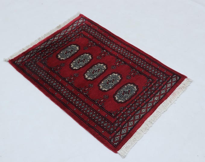 2.1 X 2.10 ft Red Geomatrical Handmade ,Mori Bokhara Cotton and Wool