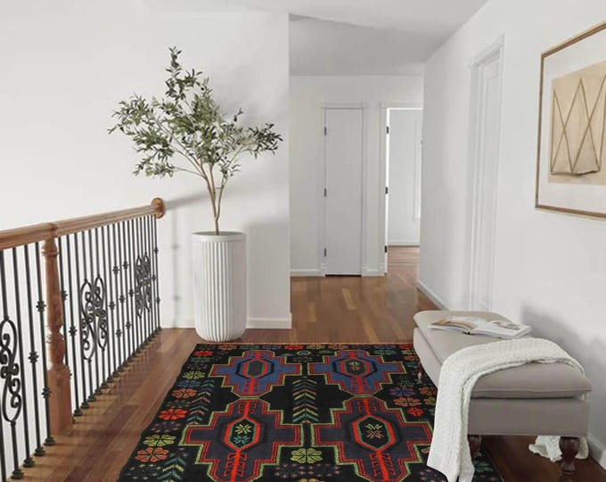 Hand-knotted Baluchi Blue and Rainbow, 3.93 x 6.56 ft