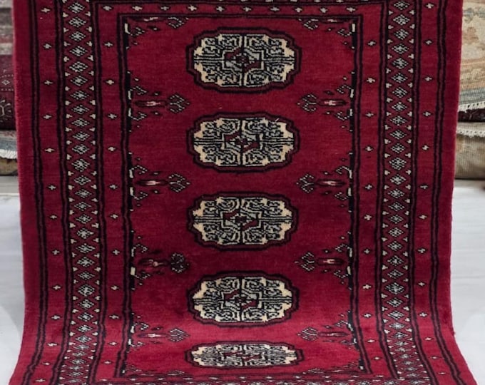 2 X 3 ft Red Geometrical Handmade, Mori Bokhara Cotton and Wool