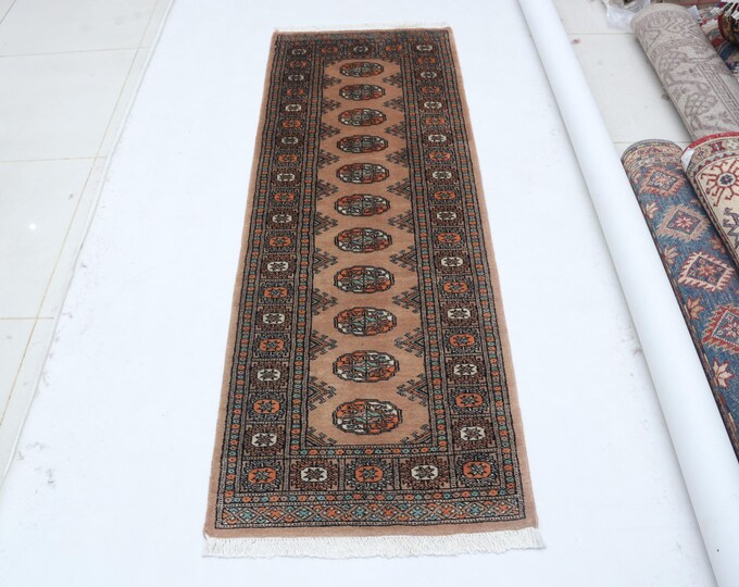 2.1 X 5.1 ft Copper Geomatrical Runner Handmade, Mori Bokhara Cotton and Wool