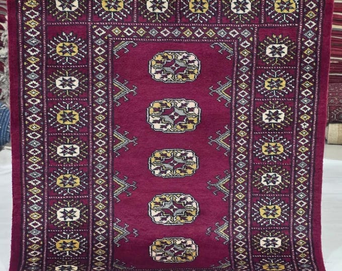 2.5 X 4 ft Red Geometrical Handmade, Mori Bokhara Rug Cotton and Wool