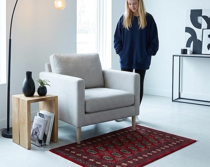 3.1 X 5.1 ft Red Geomatrical Handmade Runner, Mori Bokhara Cotton and Wool